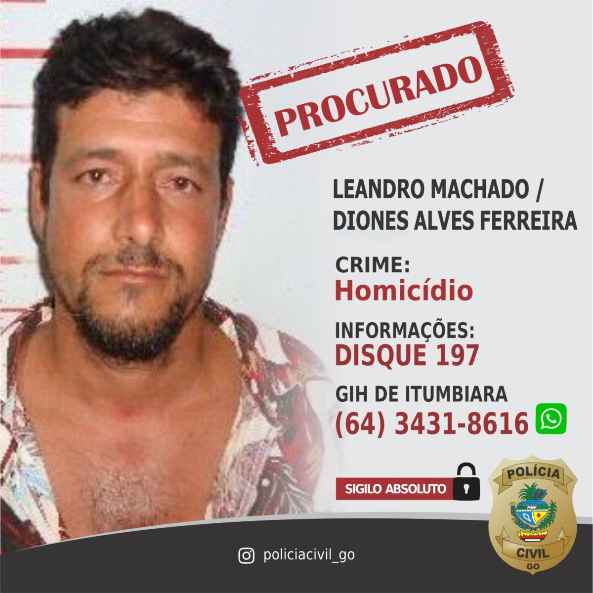 PCGO procura por suspeito de homicídio praticado em um bar de Itumbiara