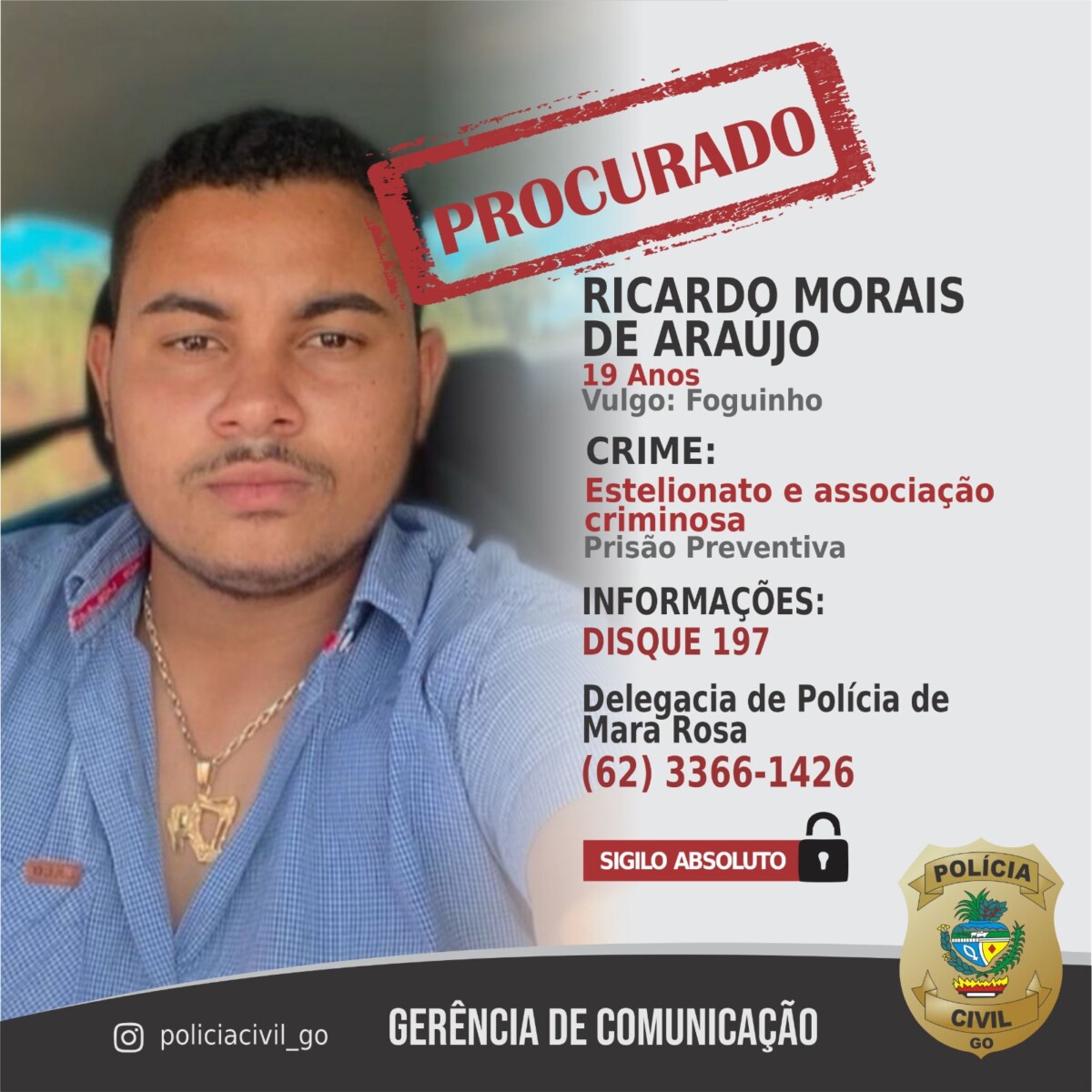 PCGO procura por foragido por estelionato e outros crimes